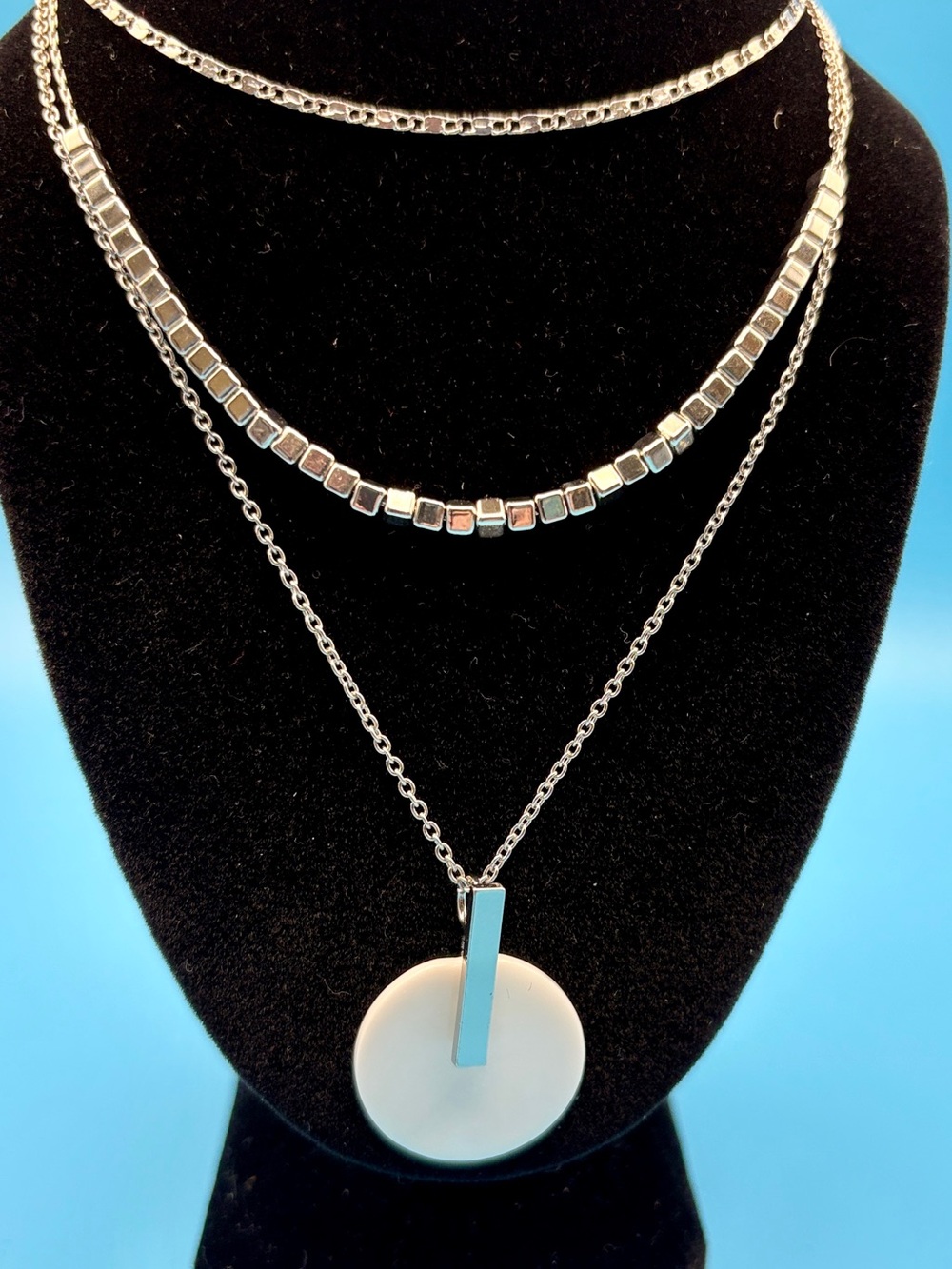 Layered Silver Necklace with White Pendant